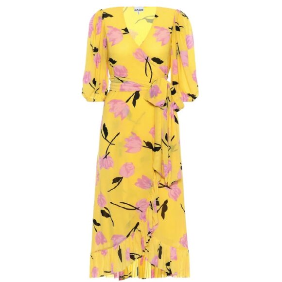 GANNI Yellow Pink Floral Wrap Maxi Dress Balloon Sleeve Boho Romantic Size 4 - Picture 1 of 13